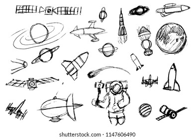 Hand drawn space elements. Space doodle illustration. Vector illustration. 
