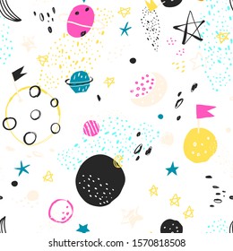 Hand drawn space elements. Graphic vector seamless pattern