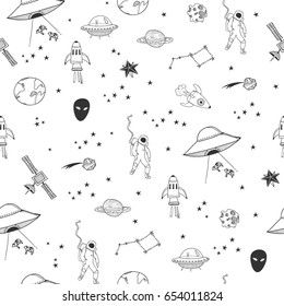 Hand drawn space elements. Graphic vector seamless pattern