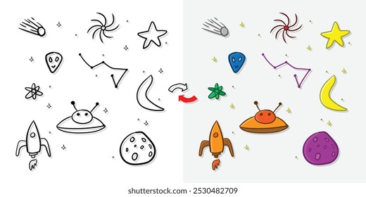 Dibujado a mano patrón de Elementos espaciales, ilustración de fondo de doodle espacial con cohete espacial, nave alienígena, planeta y estrellas