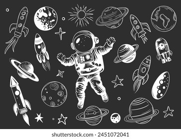 Hand drawn space elements. Monochrome set of space objects doodles