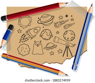 Hand drawn space elements on paper with many pencils illustration