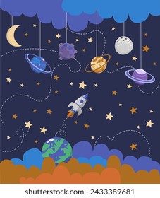 Hand drawn space elements planet, rocket, star, cloudsю. Space background. Space doodle illustration. Vector illustration. Seamless pattern with cartoon space rockets, planets, stars, papercraft style