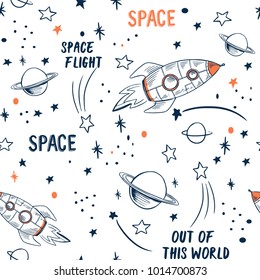 Hand drawn space elements seamless pattern. Space background. Space doodle illustration. Vector illustration. Seamless pattern with cartoon space rockets, planets, stars, slogans