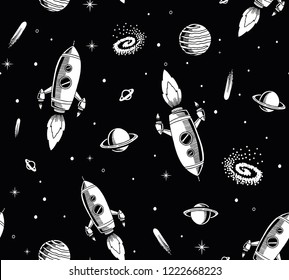 Hand drawn space elements seamless pattern. Space background. Space doodle illustration. Vector illustration. Seamless pattern with cartoon space rockets, planets, stars.