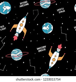 Hand drawn space elements seamless pattern. Space background. Space doodle illustration. Vector illustration. Seamless pattern with cartoon space rockets, planets, stars, slogans