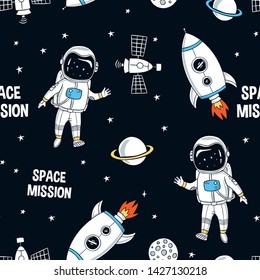 Hand drawn space elements seamless pattern. Space background. Space doodle illustration. Vector illustration. Seamless pattern with cartoon astronauts, space rockets, planets, stars, slogans