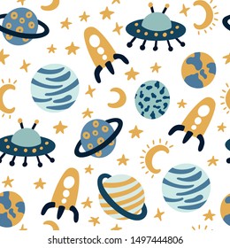 Hand drawn space elements seamless pattern. Space doodle illustration. Vector seamless pattern. Space Background for Kids with cartoon space rockets, planets, stars.