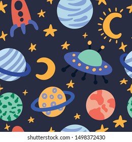 Hand drawn space elements seamless pattern. Space doodle illustration. Vector seamless pattern. Space Background for Kids with cartoon space rockets, planets, stars.