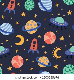 Hand drawn space elements seamless pattern. Space doodle illustration. Vector seamless pattern. Space Background for Kids with cartoon space rockets, planets, stars.