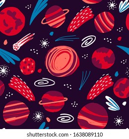 Hand drawn space elements seamless pattern. Galaxy exploration cartoon illustration. Space background for children, textiles, texture design.