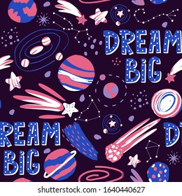 Hand drawn space elements seamless pattern. Space background for children, textiles, texture design. Vector cartoon illustration.