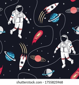 Hand drawn space elements seamless pattern. Space background. Space doodle illustration. Vector illustration. Seamless pattern with cartoon astronauts, space rockets, planets, stars, slogans