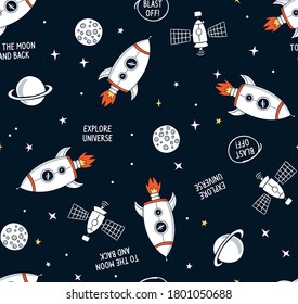 Hand drawn space elements seamless pattern. Space background. Space doodle illustration. Vector illustration. Seamless pattern with cartoon space rockets, planets, stars, slogans