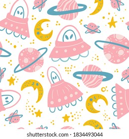 Hand drawn space elements seamless pattern. Space background. Space doodle illustration. Vector illustration. Seamless pattern with cartoon space rockets, planets, stars, slogans