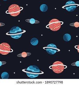 Hand drawn space elements seamless pattern. Space background. Space doodle illustration. Vector illustration. Seamless pattern with cartoon planets.