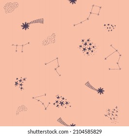 Hand drawn space elements seamless pattern. Space background. Space doodle illustration. Vector illustration. Seamless pattern with cartoon space rockets, planets, stars, slogans