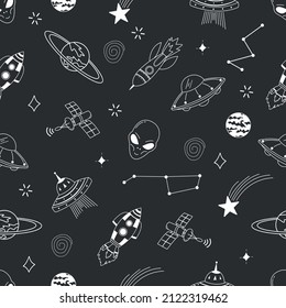 Hand drawn space elements seamless pattern. Vector outline illustrations for t-shirt prints, posters and other uses.