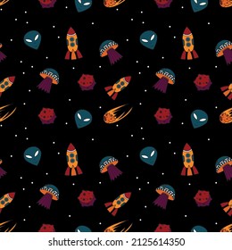 Hand drawn space elements seamless pattern. Vector flat illustrations for t-shirt prints, posters and other uses.