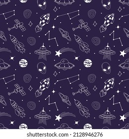 Hand drawn space elements seamless pattern. Vector outline illustrations for t-shirt prints, posters and other uses.