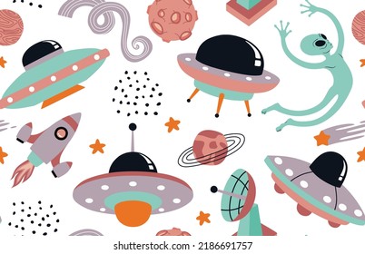 Hand drawn space elements seamless pattern.