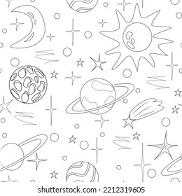 Hand drawn space elements seamless patterns. Space background. Space doodle illustration. Vector illustration. Seamless pattern with planets and stars