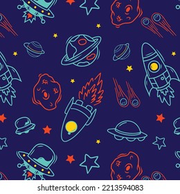 Hand drawn space elements seamless pattern. Space background. Space doodle illustration. Vector illustration. Seamless pattern with cartoon space rockets, planets, stars.