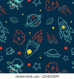 Hand drawn space elements seamless pattern. Space background. Space doodle illustration. Vector illustration. Seamless pattern with cartoon space rockets, planets, stars.