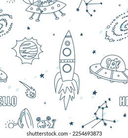 Hand drawn space elements seamless pattern. Space background. Doodle space illustration. Vector illustration. Seamless pattern with cartoon space planets, stars, rockets, ufo, comets, satellites