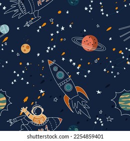 Hand drawn space elements seamless pattern. Space background. Doodle space illustration. Vector illustration. Seamless pattern with cartoon space planets, stars, rockets, ufo, comets, satellites