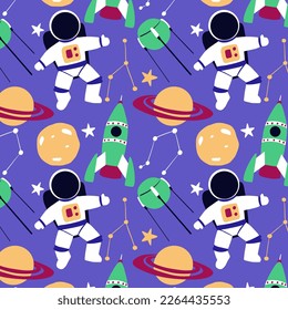 Hand drawn space elements seamless pattern. Space background. Space doodle illustration. Vector illustration. Seamless pattern with cartoon space rockets, planets, stars, slogans