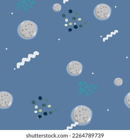 Hand drawn space elements seamless pattern. Space background. Space doodle illustration. Vector illustration. Seamless pattern with cartoon space rockets, planets, stars, slogans