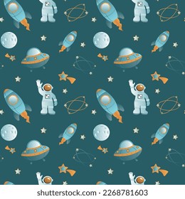 Hand drawn space elements seamless pattern. Space background. Space doodle illustration. Vector illustration. Seamless pattern with cartoon space rockets, planets, stars, slogans