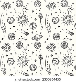 Hand drawn space elements seamless pattern. Space background. Space doodle illustration