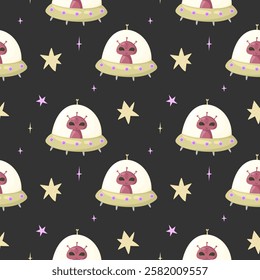 Hand drawn space elements seamless pattern. Space background. Space doodle ufo illustration. Alien vector illustration. Seamless pattern with cartoon spaceships and stars.