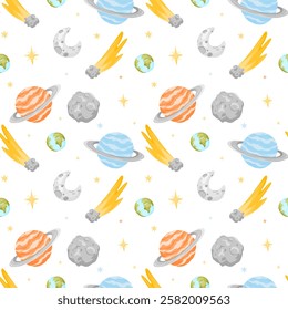 Hand drawn space elements seamless pattern. Space background. Space doodle illustration. Vector illustration. Seamless pattern with cartoon space rockets, planets, stars.