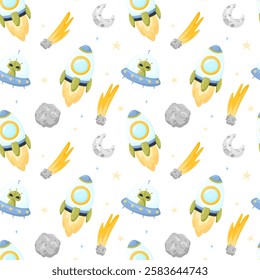 Hand drawn space elements seamless pattern. Space background. Space doodle illustration. Vector illustration. Seamless pattern with cartoon space rockets, planets, stars