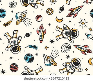 Hand drawn space elements seamless pattern. Space background. Space doodle illustration. Vector illustration. Seamless pattern with cartoon space rockets, astronauts, planets, and stars.