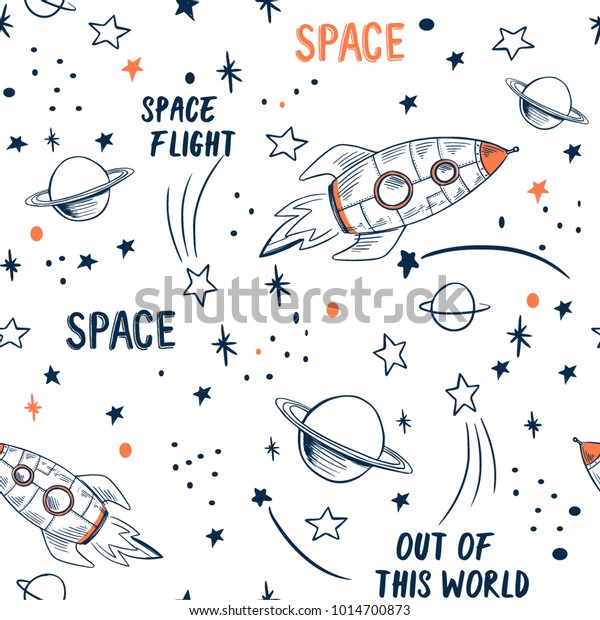 手描きのスペースエレメントのシームレスなパターン 空間の背景 スペース落書きイラスト ベクターイラスト カートーンの宇宙ロケット 惑星 星 スローガンを使ったシームレスなパターン のベクター画像素材 ロイヤリティフリー