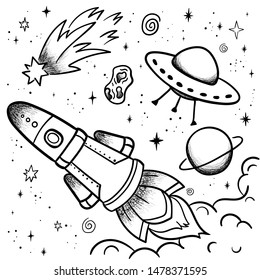 Hand drawn space elements set. Space doodle Vector illustration with cartoon rocket, planets, stars. Universe for your design