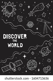 Hand drawn space elements with text. Space doodle Vector illustration with cartoon space rocket, planets, stars. Banner templates. Universe for your design