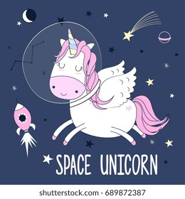 Hand drawn space elements. Unicorn about doodle illustration. Vector illustration. Hand drawing slogans and icons vector.	