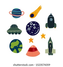 hand drawn space elements vector set collection. Creative space texture for fabric, wrapping, textile, wallpaper, apparel. 