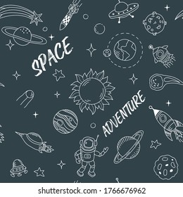 hand drawn space flat vector background with astronaut, rocket, spaceship, moon, planets and stars. Seamless vector illustration.