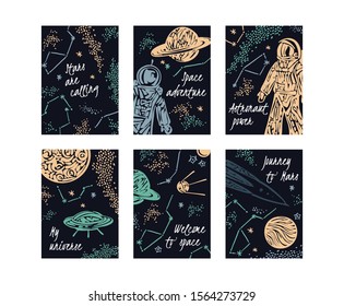 Hand drawn space galaxy retro card set. Night sky with stars, spaceships, astronauts and planets. Vector vertical template for brochure, poster, flyer, banner. Graphic cosmic childish illustration.