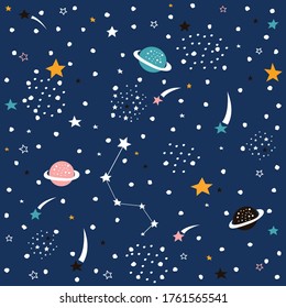 Hand Drawn Space Galaxy Vector Seamless Pattern.