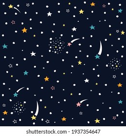 Hand drawn space galaxy vector seamless pattern.