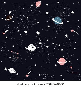 Hand drawn space galaxy vector seamless pattern.