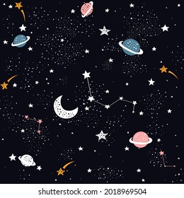 Hand drawn space galaxy vector seamless pattern.