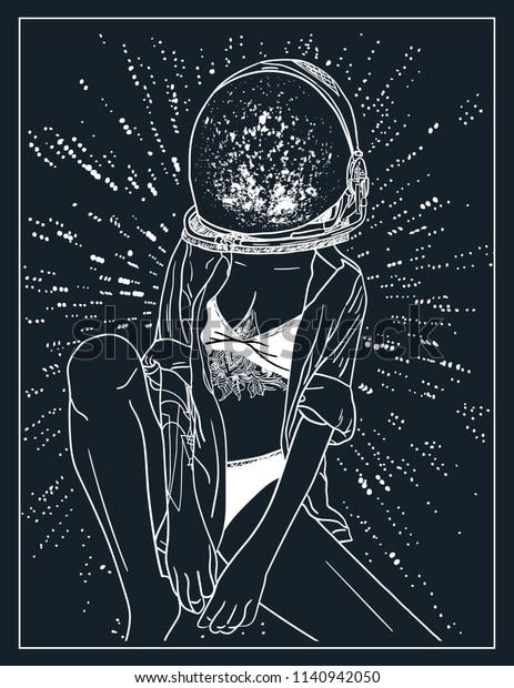 Hand Drawn Space Girl Helmet Poster Stock Vector (Royalty Free) 1140942050